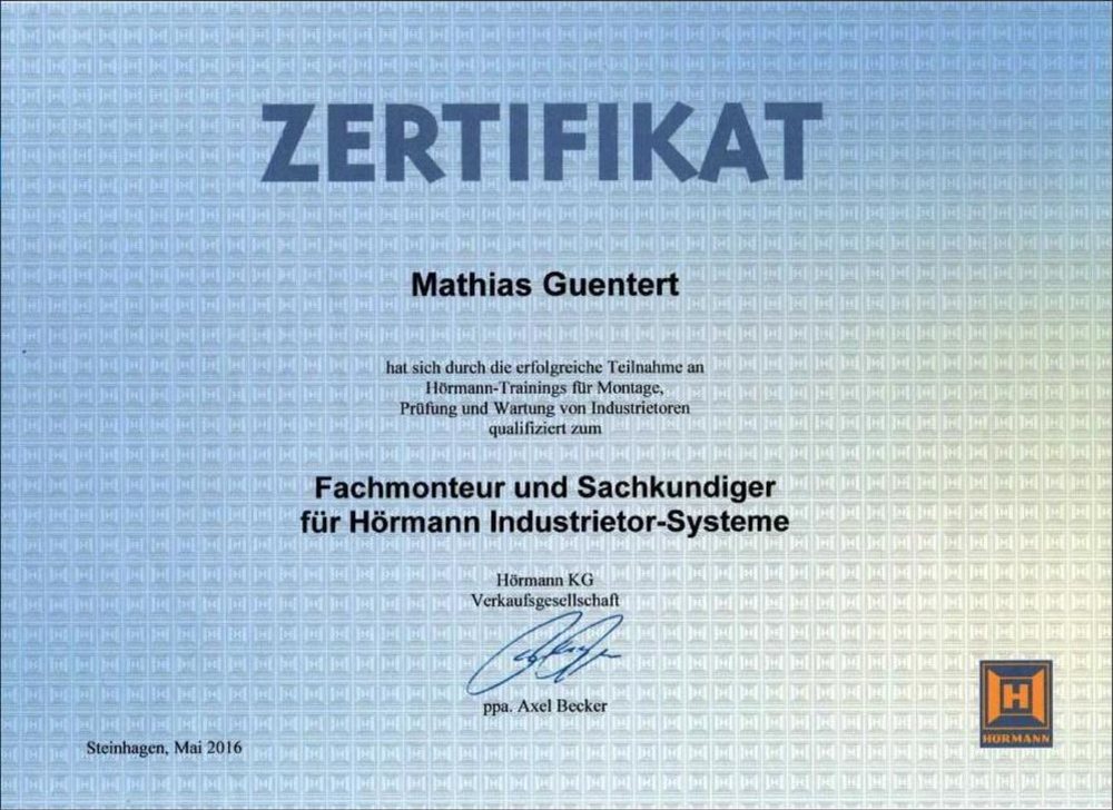 Fachmonteur und Sachkundiger f&uuml;r H&ouml;rmann Industrietor-Systeme &ndash; Nachweis von Mathias G&uuml;ntert, Bauelemente G&uuml;ntert