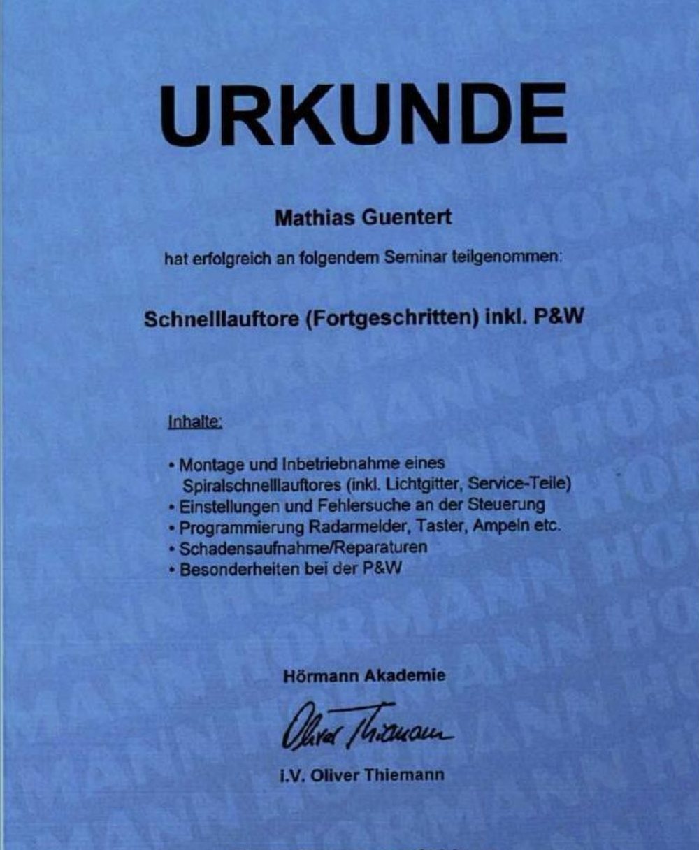 Schnelllauftore (Fortgeschritten) inkl. Pr&uuml;fung und Wartung &ndash; Nachweis von Mathias G&uuml;ntert, Bauelemente G&uuml;ntert