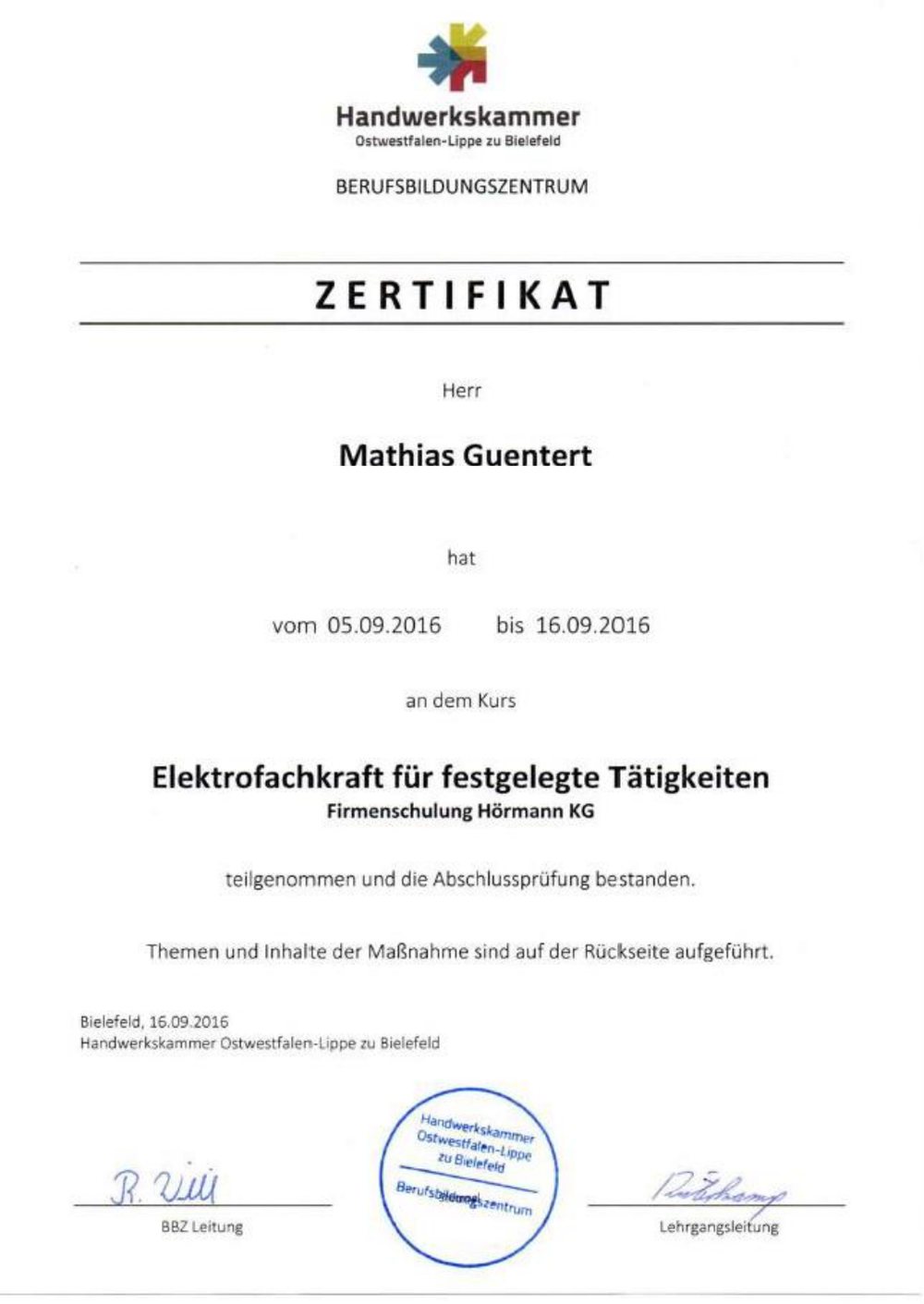 Elektrofachkraft f&uuml;r festgelegte T&auml;tigkeiten &ndash; Nachweis von Mathias G&uuml;ntert, Bauelemente G&uuml;ntert