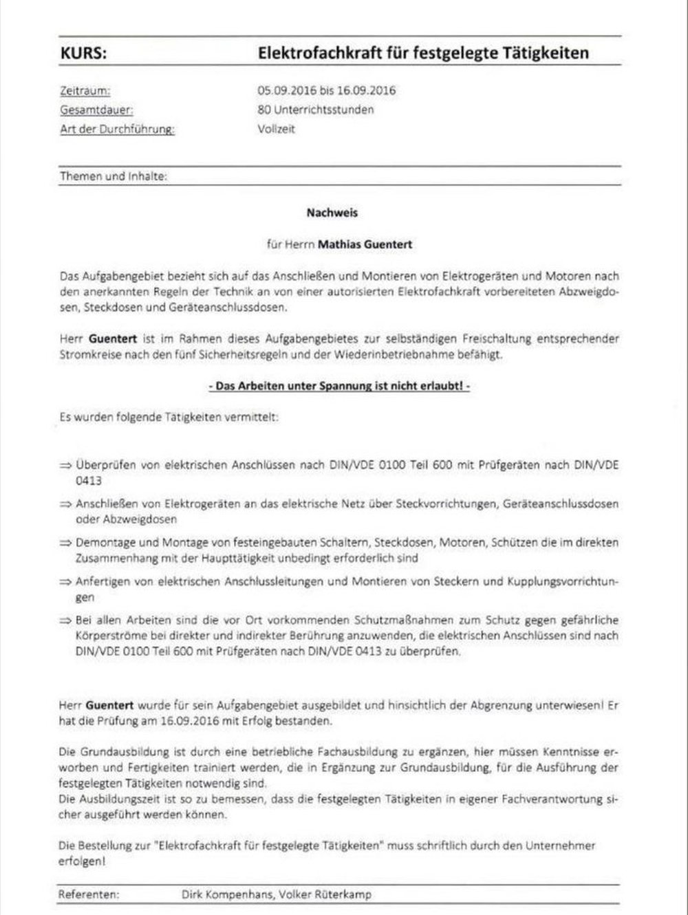 Inhalte der Elektro-Ausbildung &ndash; Nachweis von Mathias G&uuml;ntert, Bauelemente G&uuml;ntert