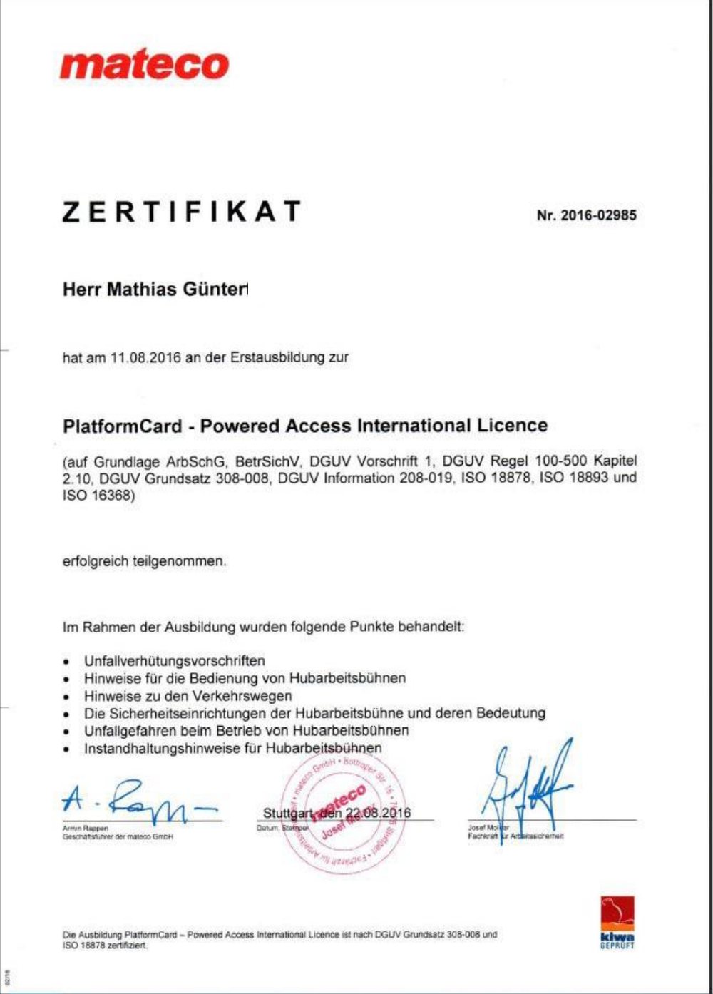 PlatformCard &ndash; Powered Access International Licence &ndash; Nachweis von Mathias G&uuml;ntert, Bauelemente G&uuml;ntert